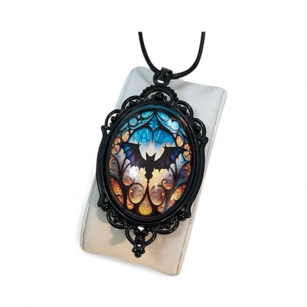 Mystical Black and Blue Bat Goth Pendant Necklace